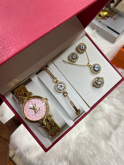 A SET OF WATCH BRACELET RING NECKLACE EARRINGS