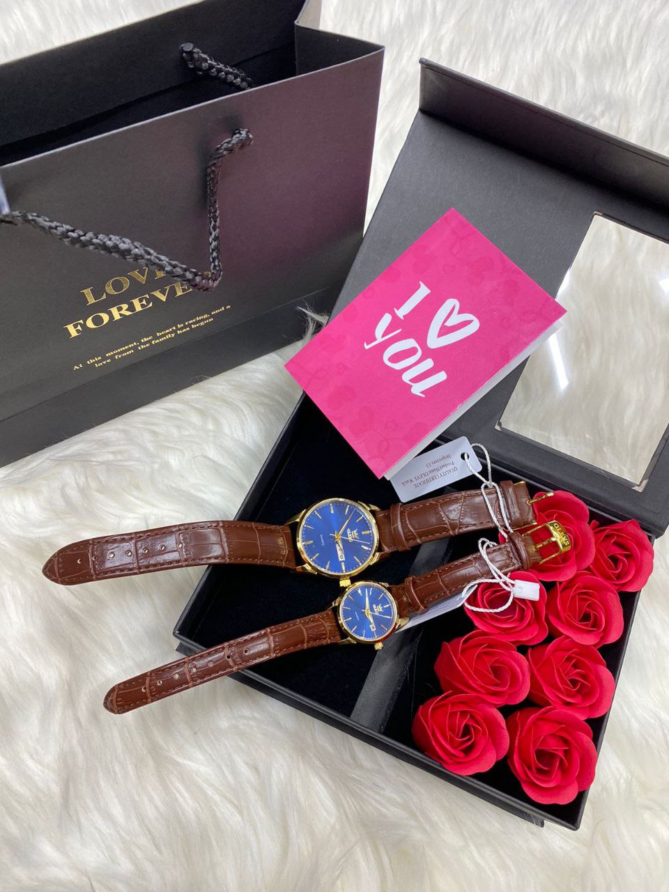 COUPLE SET OLEVS COUPLE WATCHES FLOWERS BOX & BAG CARD