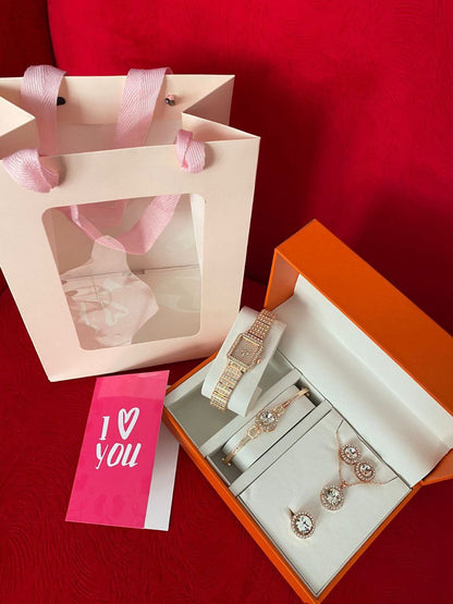5 1 GIFT SET WATCH BRACELET RING NECKLACE EARRINGS BAG&CARD