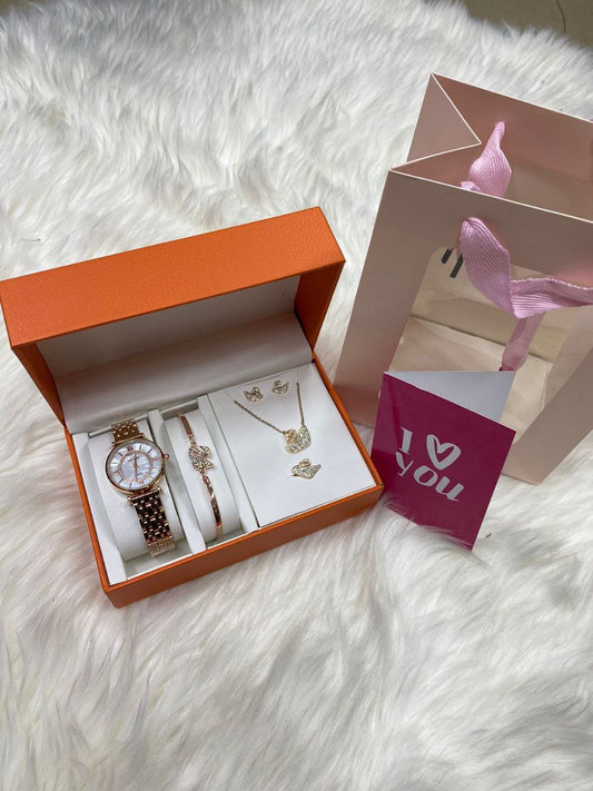 5 1 GIFT SET WATCH BRACELET RING NECKLACE EARRINGS BAG&CARD
