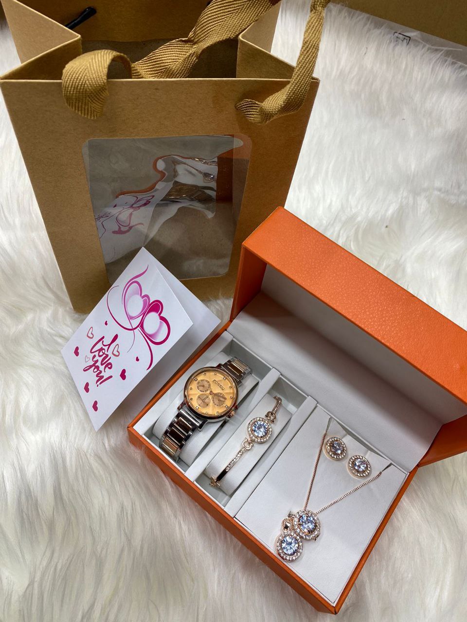 FEW REMAINING SETS SET OF WATCH NECKLACE EARRINGS RING BRACELET + CARD AND BAG