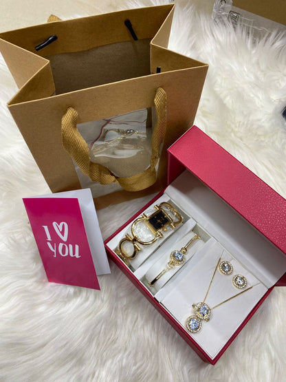 FEW REMAINING SETS SET OF WATCH NECKLACE EARRINGS RING BRACELET + CARD AND BAG