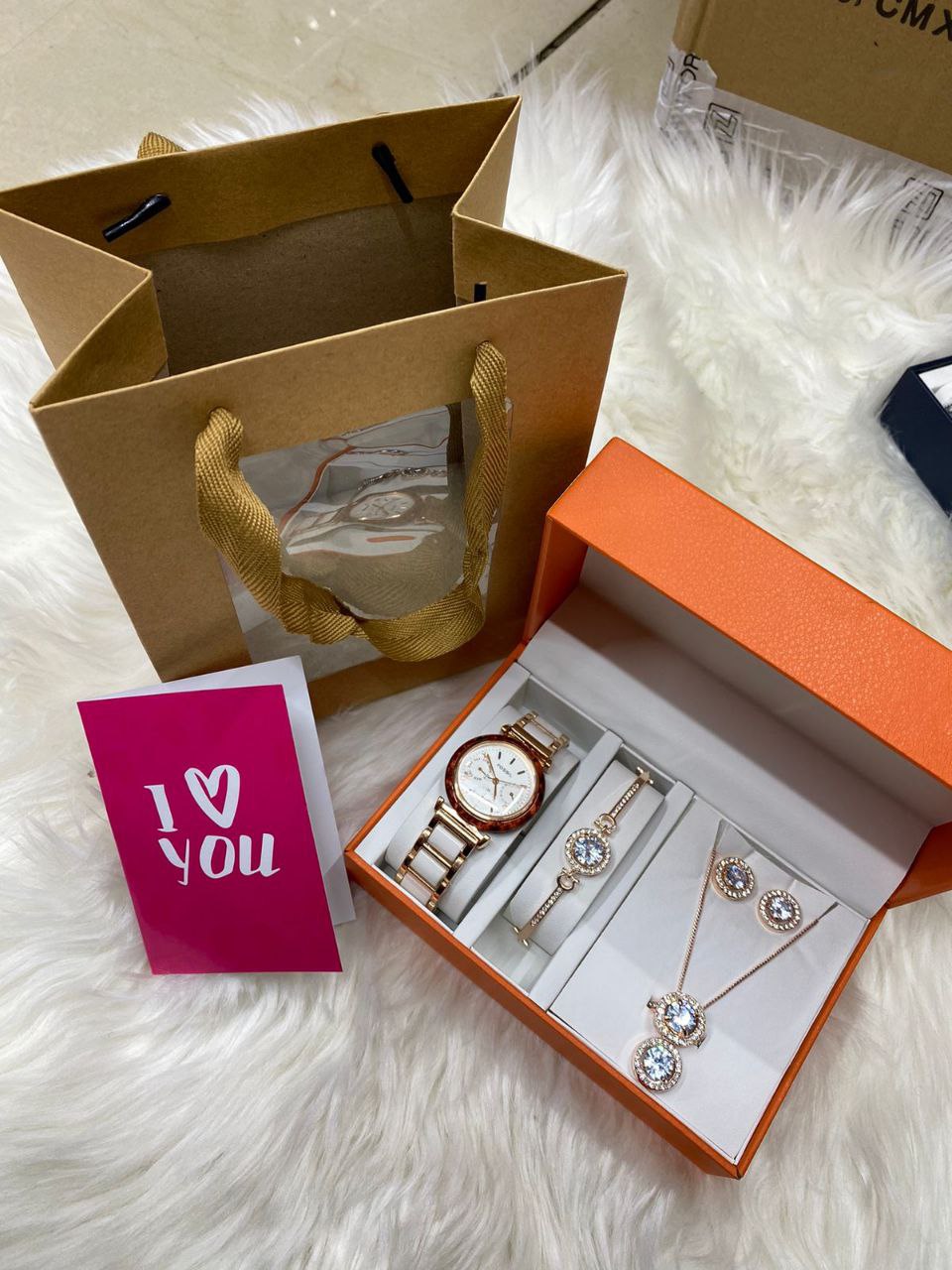 FEW REMAINING SETS SET OF WATCH NECKLACE EARRINGS RING BRACELET + CARD AND BAG