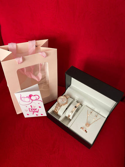 FEW REMAINING SETS SET OF WATCH NECKLACE EARRINGS RING BRACELET + CARD AND BAG