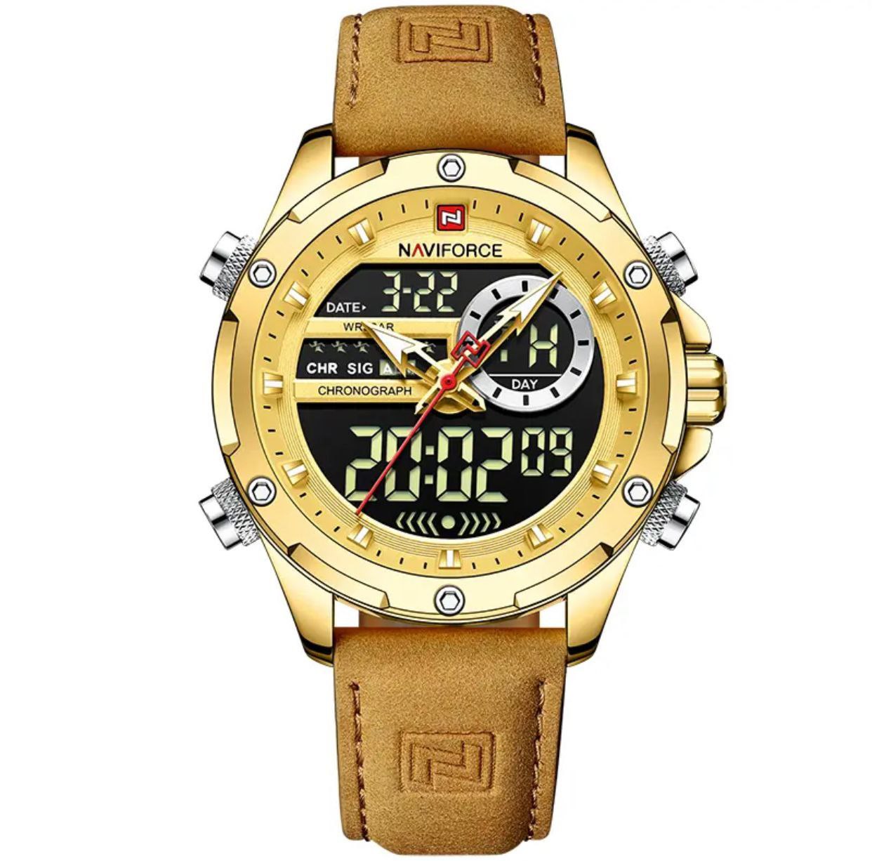 MEN NAVIFORCE NF 9208 ANALOGUE&DIGITAL DISPLAY GOLD BROWN BLACK ,DARK BROWN