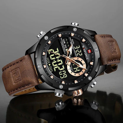 MEN NAVIFORCE NF 9208 ANALOGUE&DIGITAL DISPLAY GOLD BROWN BLACK ,DARK BROWN