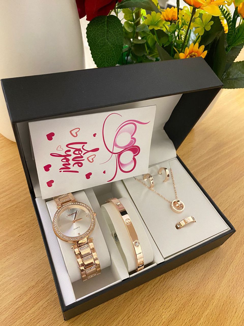 5 1 GIFT SET + CARD WATCH BRACELET RING NECKLACE EARRINGS