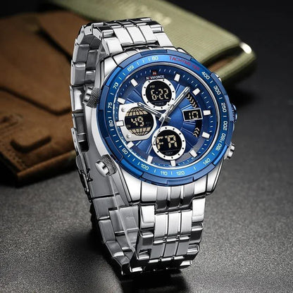 NAVIFORCE MEN NF 9171 SILVER DUAL DISPLAY WATER RESISTANT 30 ATM STAINLESS STEEL