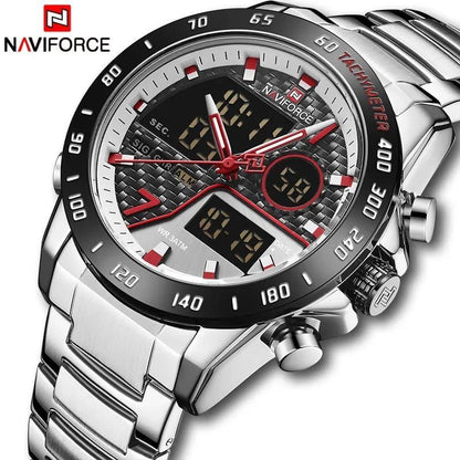 NAVIFORCE MEN NF 9171 SILVER DUAL DISPLAY WATER RESISTANT 30 ATM STAINLESS STEEL
