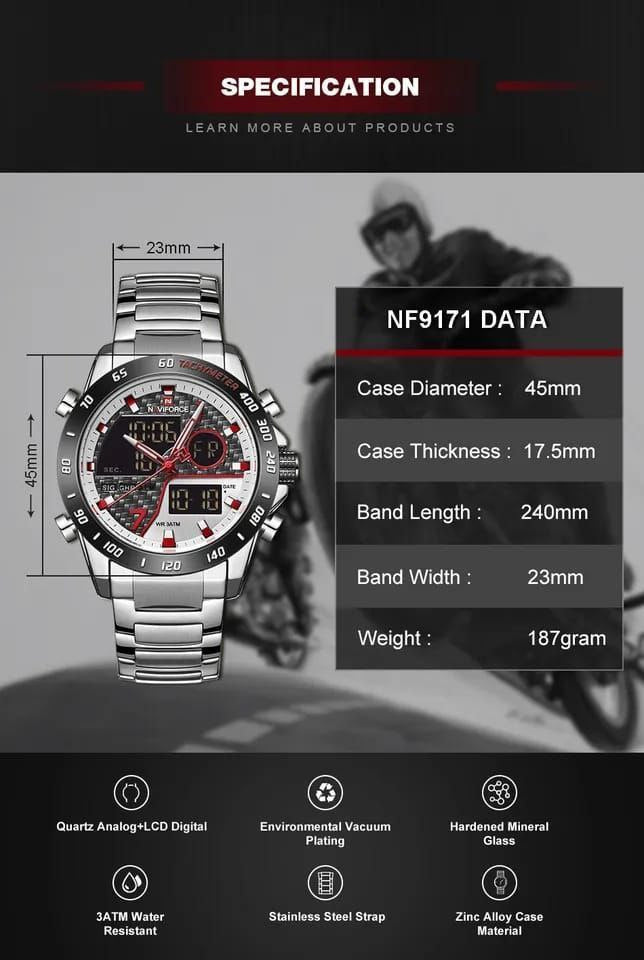 NAVIFORCE MEN NF 9171 SILVER DUAL DISPLAY WATER RESISTANT 30 ATM STAINLESS STEEL
