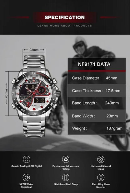 NAVIFORCE MEN NF 9171 SILVER DUAL DISPLAY WATER RESISTANT 30 ATM STAINLESS STEEL