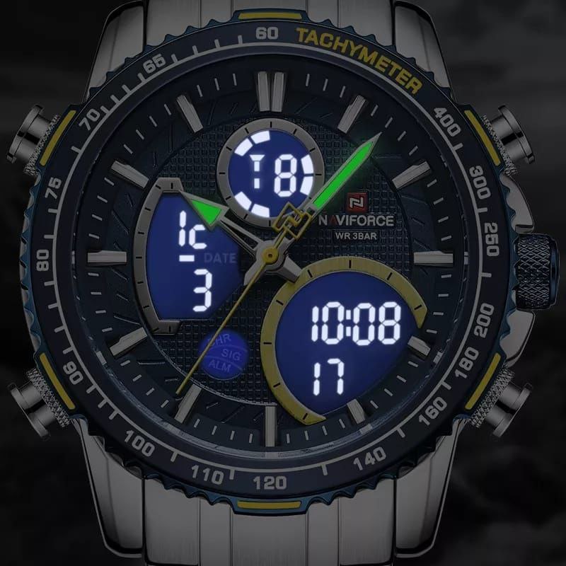 MEN NAVIFORCE NF 9182 ANALOGUE&DIGITAL DISPLAY WATER RESISTANT 30 ATM SILVER GREEN SILVER BLUE