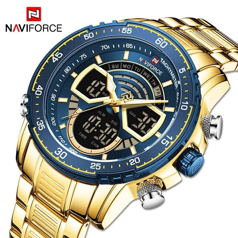 MEN NAVIFORCE NF 9189 ANALOGUE&DIGITAL DISPLAY WATER RESISTANT 30 ATM GOLD BLUE
