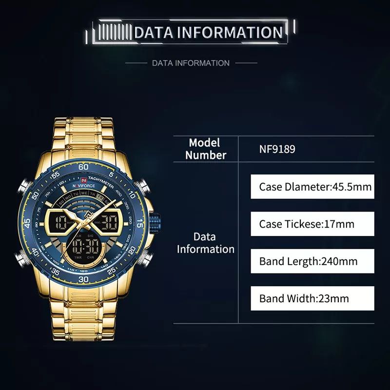 MEN NAVIFORCE NF 9189 ANALOGUE&DIGITAL DISPLAY WATER RESISTANT 30 ATM GOLD BLUE
