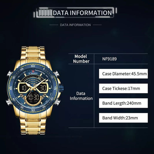 MEN NAVIFORCE NF 9189 ANALOGUE&DIGITAL DISPLAY WATER RESISTANT 30 ATM GOLD BLUE
