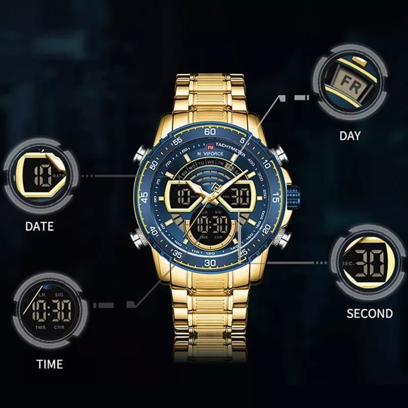 MEN NAVIFORCE NF 9189 ANALOGUE&DIGITAL DISPLAY WATER RESISTANT 30 ATM GOLD BLUE