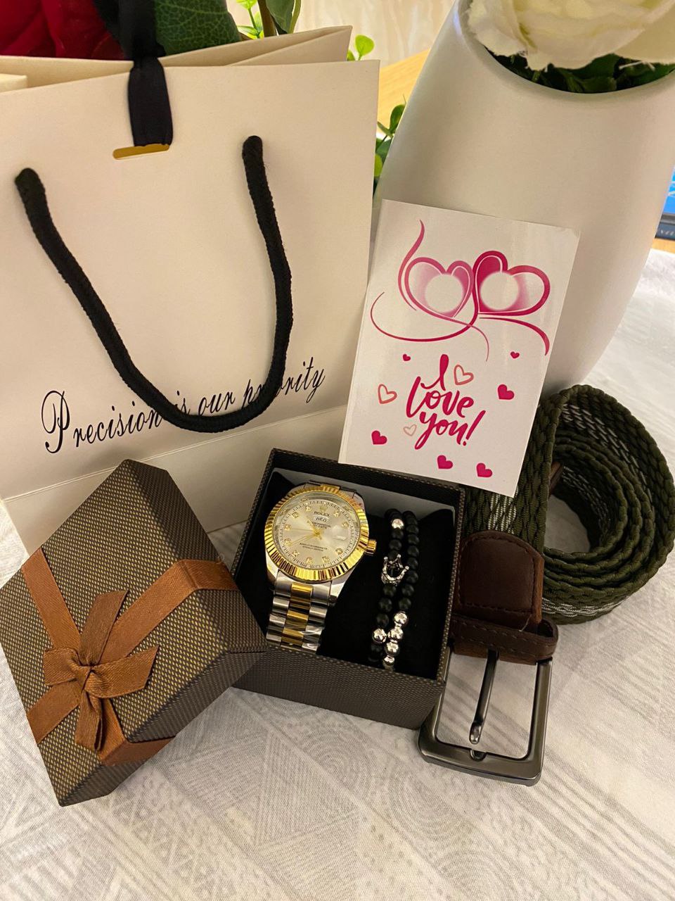 FATHERS DAY GIFT LDEAS ROLEX WATCH GIFT BAG 100 WOOVEN BELT 500 BANGLE 300 BOX 100 GIFT CARD 50 TOTAL