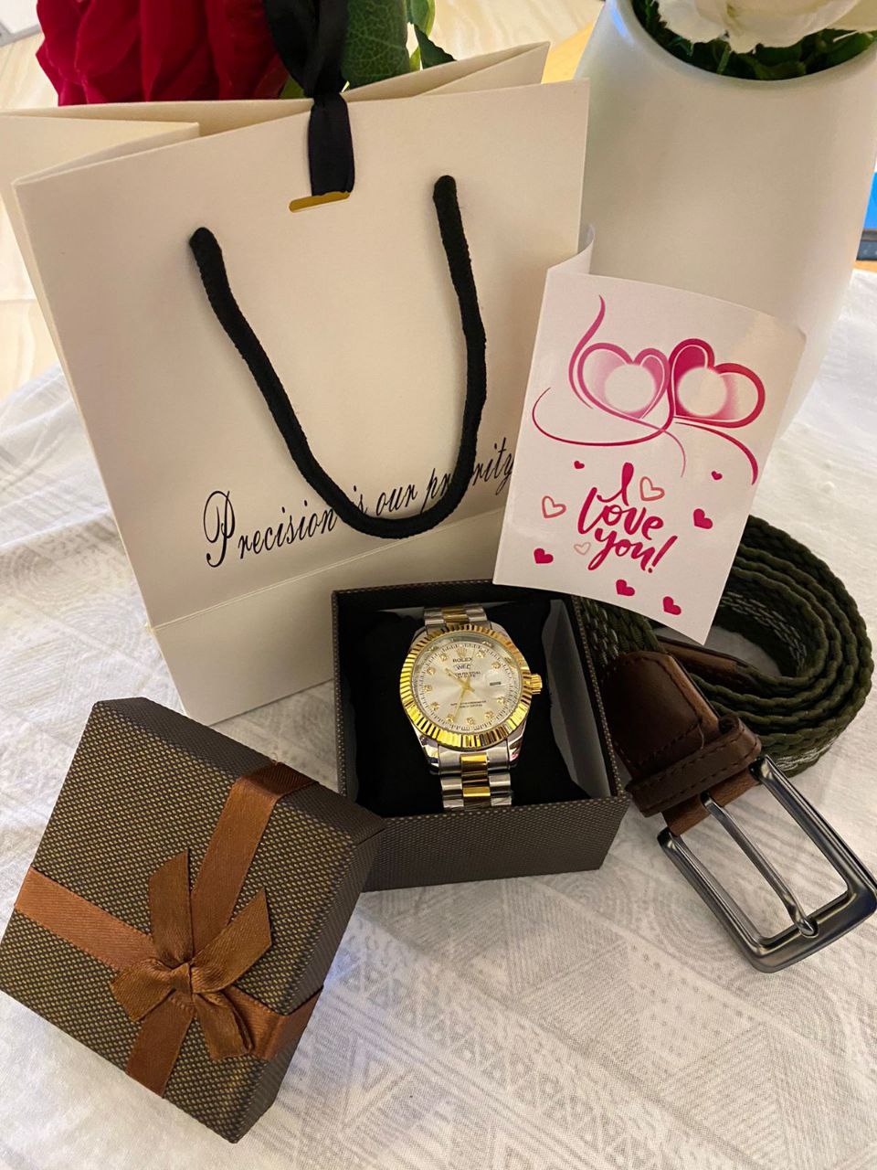 FATHERS DAY GIFT LDEAS ROLEX WATCH GIFT BAG 100 WOOVEN BELT 500 BANGLE 300 BOX 100 GIFT CARD 50 TOTAL