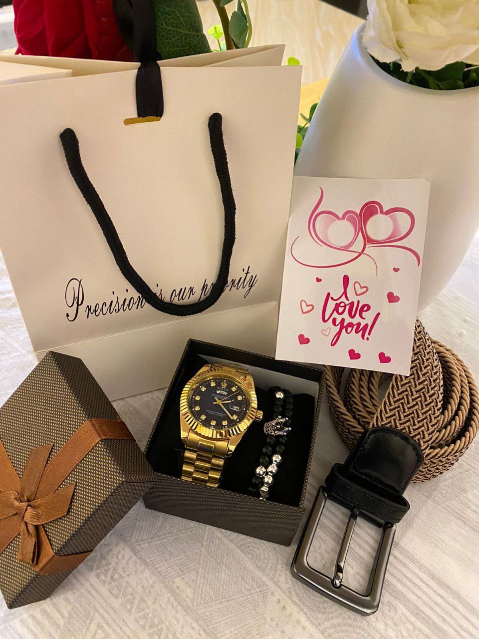 FATHERS DAY GIFT LDEAS ROLEX WATCH GIFT BAG 100 WOOVEN BELT 500 BANGLE 300 BOX 100 GIFT CARD 50 TOTAL