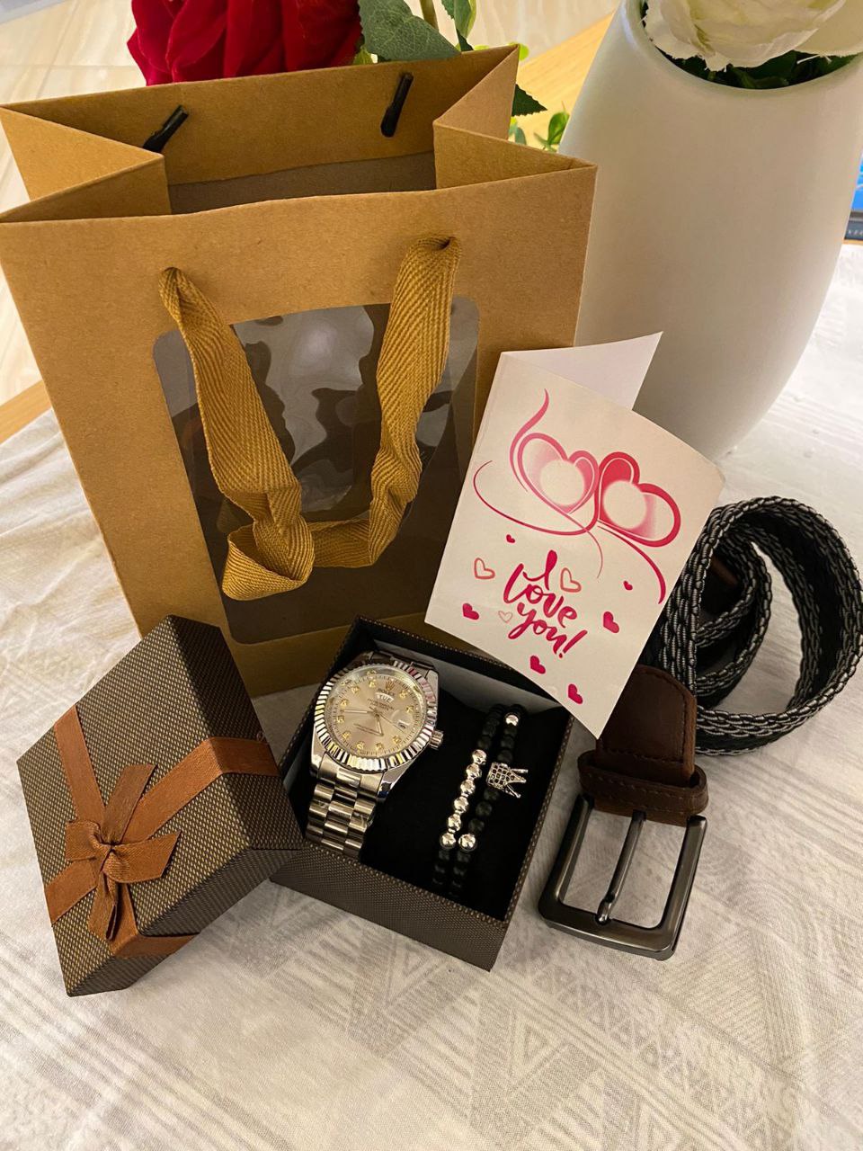 FATHERS DAY GIFT LDEAS ROLEX WATCH GIFT BAG 100 WOOVEN BELT 500 BANGLE 300 BOX 100 GIFT CARD 50 TOTAL
