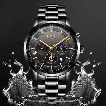 LIGE LG877A BATTERY POWERED CHRONOGRAPH MOVEMENT STAINLESS STEEL DATE DISPLAY MOON PHASE FUNCTION