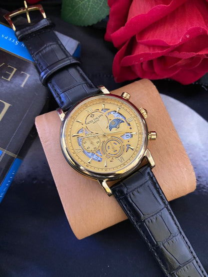 PATEK PHILIPPE DATE DISPLAY LEATHER STRAP CHRONOGRAPH MOVEMENT BATTERY POWERED