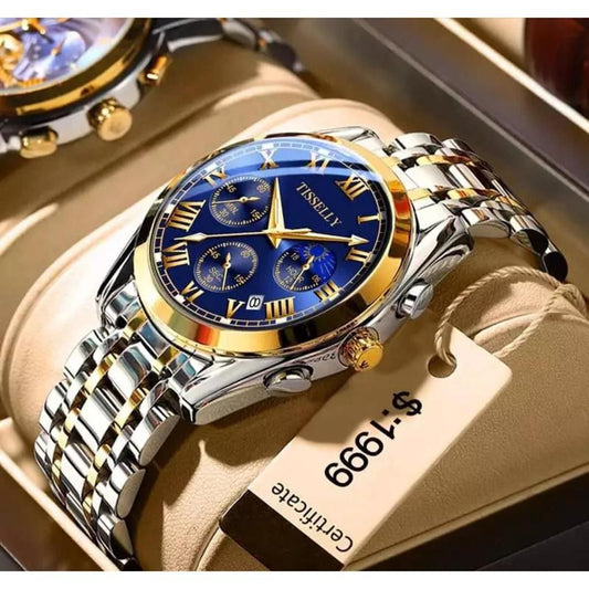 TISSELLY BATTERY POWERED CHRONOGRAPH MOVEMENT MOONPHASE DISPLAY STAINLESS STEEL : TWO TONE BLACK TWO TONE BLUE