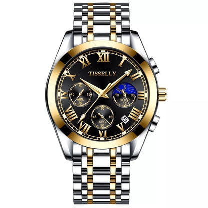 TISSELLY BATTERY POWERED CHRONOGRAPH MOVEMENT MOONPHASE DISPLAY STAINLESS STEEL : TWO TONE BLACK TWO TONE BLUE