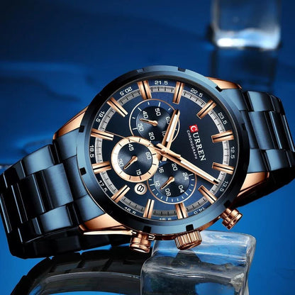 GENTS CURREN 8355 CHRONOGRAPH DATE DISPLAY WATER RESISTANT STAINLESS STEEL BLUE CURREN BRANDED BOX