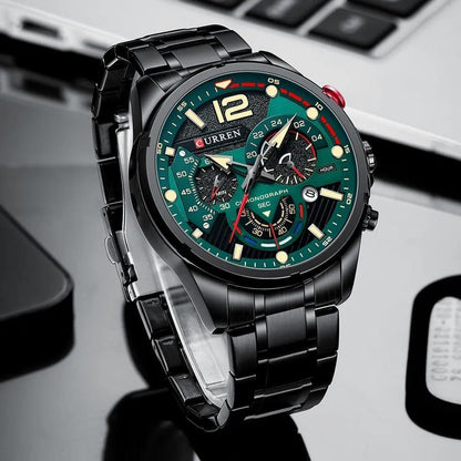 GENTS CURREN 8395 CHRONOGRAPH DATE DISPLAY WATER RESISTANT STAINLESS STEEL LUMINOUS DIAL BLACK GREEN BLUE CURREN BRANDED BOX