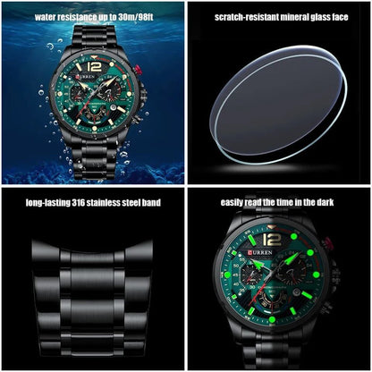 GENTS CURREN 8395 CHRONOGRAPH DATE DISPLAY WATER RESISTANT STAINLESS STEEL LUMINOUS DIAL BLACK GREEN BLUE CURREN BRANDED BOX