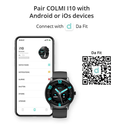 COLMI I10 SMART WATCH GREY BLACK PINK SCREEN: 1.28 INCH BATTERY CAPACITY: 220 MAH BATTERY LIFE: 3~7DAYS WATERPROOF LEVEL: IP67 WATERPROOF APP: "DA FIT" BLUETOOTH CALLING