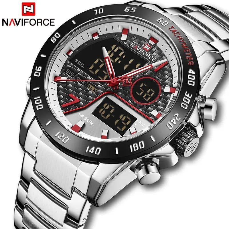 NAVIFORCE MEN NF 9171 SILVER DUAL DISPLAY WATER RESISTANT 30 ATM STAINLESS STEEL NAVIFORCE BRANDED BOX