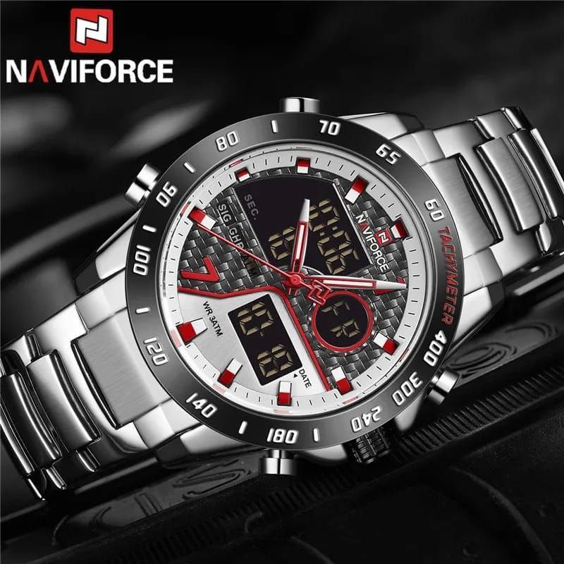NAVIFORCE MEN NF 9171 SILVER DUAL DISPLAY WATER RESISTANT 30 ATM STAINLESS STEEL NAVIFORCE BRANDED BOX