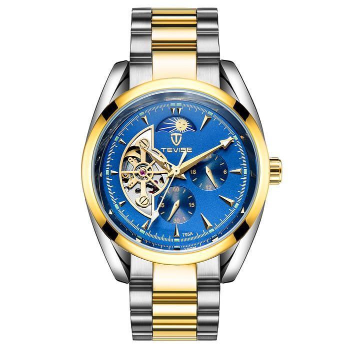 TEVISE AUTOMATIC GENTS WATCH TWO TONE BLACK FACE TWO TONE BLUE FACE