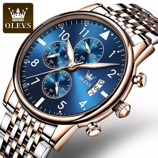 OLEVS CHRONOGRAPH DATE DISPLAY WATER RESISTANT STAINLESS STEEL FINISH BLACK GOLD TWO TONE