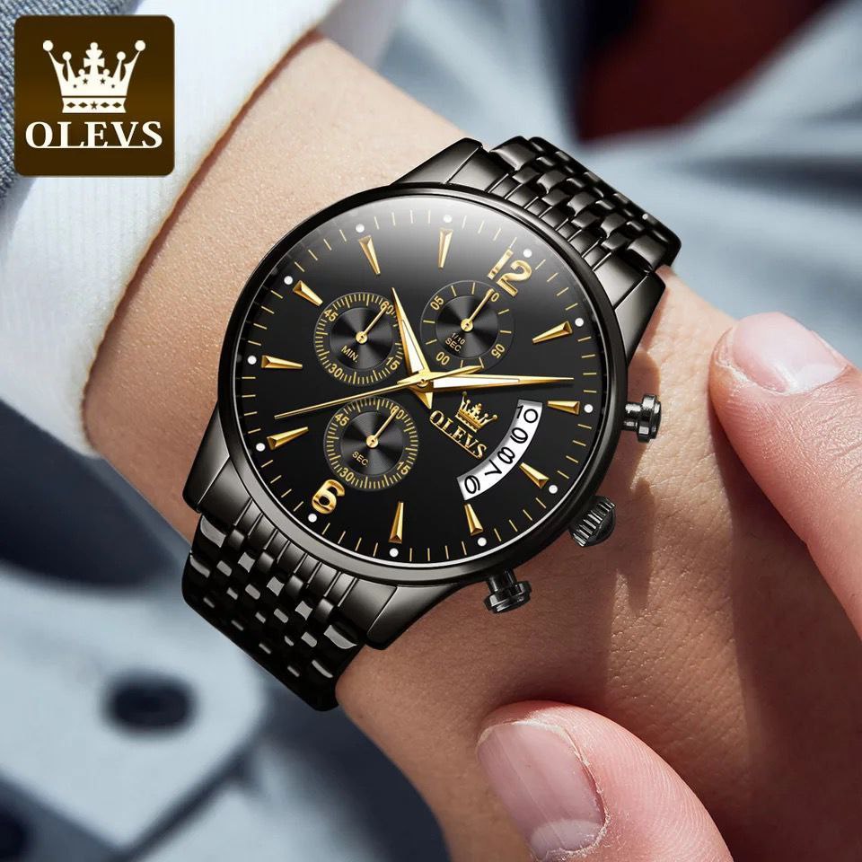OLEVS CHRONOGRAPH DATE DISPLAY WATER RESISTANT STAINLESS STEEL FINISH BLACK GOLD TWO TONE