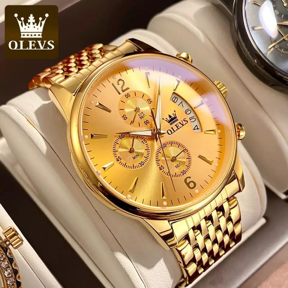 OLEVS CHRONOGRAPH DATE DISPLAY WATER RESISTANT STAINLESS STEEL FINISH BLACK GOLD TWO TONE