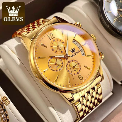 OLEVS CHRONOGRAPH DATE DISPLAY WATER RESISTANT STAINLESS STEEL FINISH BLACK GOLD TWO TONE