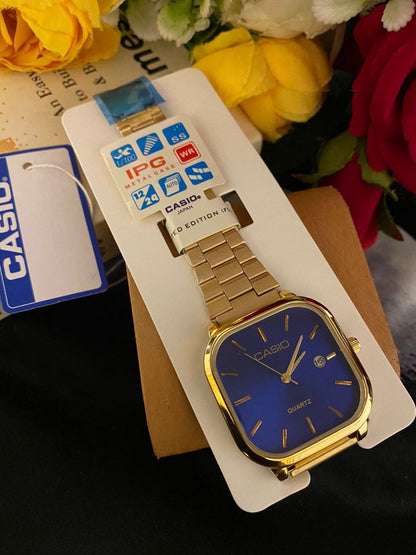 CASIO SQUARE DATE DISPLAY UNISEX GOLD BLUE GOLD WHITE GOLD BLACK CASIO BRANDED BOX