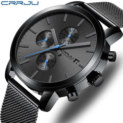 CRRJU GENTS WATCH CHRONOGRAPH MOVEMENT DATE DISPLAY WATER RESISTANT BATTERY POWERED ADJUSTABLE MESH STRAP