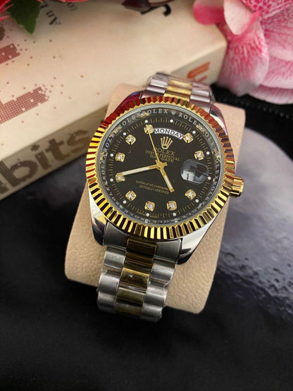 GENTS ROLEX WITH PERPETUAL CALENDAR FULL DAY DISPLAY DATE DISPLAY WATER RESISTANT BATTERY POWERED