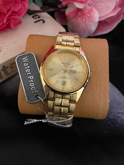 PHILIP PERSIO DAY&DATE DISPLAY WATERPROOF BATTERY POWERED GOLD TWO-TONE