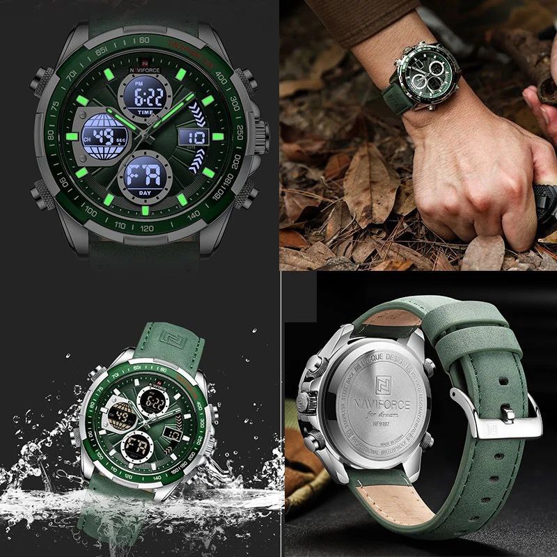 MEN NAVIFORCE NF 9197 ANALOGUE&DIGITAL DISPLAY DATE DISPLAY GREEN GOLD GREEN SILVER NAVIFORCE BRANDED BOX