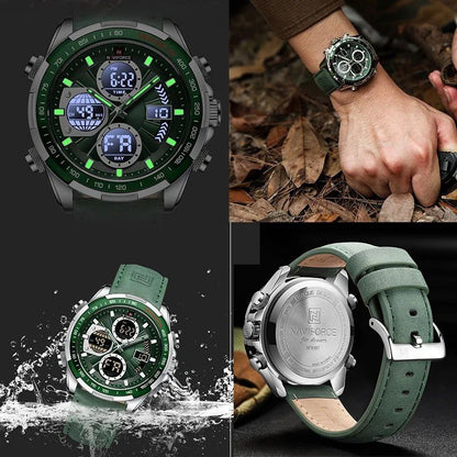 MEN NAVIFORCE NF 9197 ANALOGUE&DIGITAL DISPLAY DATE DISPLAY GREEN GOLD GREEN SILVER NAVIFORCE BRANDED BOX