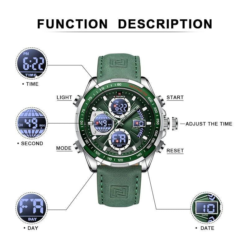 MEN NAVIFORCE NF 9197 ANALOGUE&DIGITAL DISPLAY DATE DISPLAY GREEN GOLD GREEN SILVER NAVIFORCE BRANDED BOX