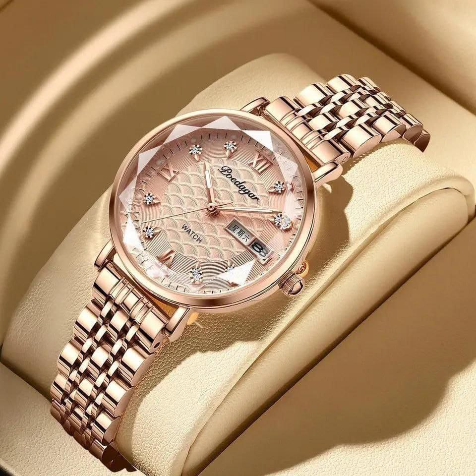. POEDAGAR LADIES 3011 ROSE GOLD ROSE PINK DAY AND DATE DISPLAY WATER RESISTANT BATTERY POWERED