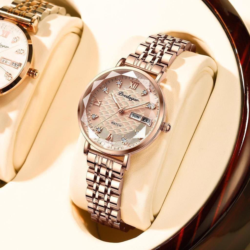. POEDAGAR LADIES 3011 ROSE GOLD ROSE PINK DAY AND DATE DISPLAY WATER RESISTANT BATTERY POWERED