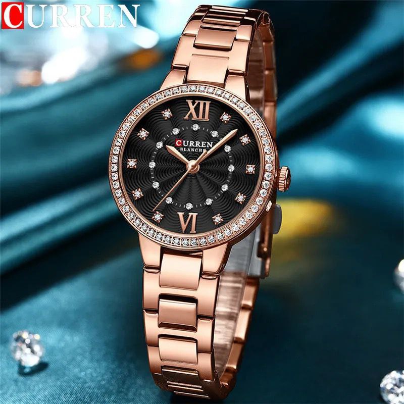 CURREN LADIES 9085KES 1600 WATER RESISTANT ROSE WHITE ROSE BLACK ROSE GOLD CURREN BRANDED BOX
