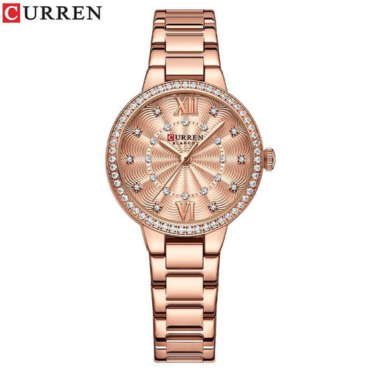 CURREN LADIES 9085KES 1600 WATER RESISTANT ROSE WHITE ROSE BLACK ROSE GOLD CURREN BRANDED BOX